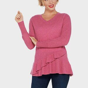Isaac MIzrahi  Pink 2-Ply Cashmere V neck Ruffle Sweater Small  peplum